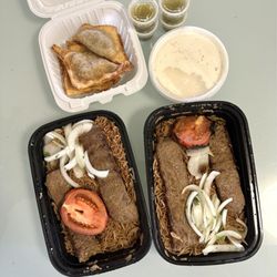 2 beef kofta lunch specials, Sambosa, white and green sauces
