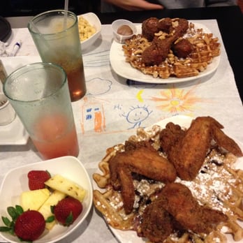 Dame's Chicken & Waffles - Carolina Cockerel with side of fruit, Light Brown Leghorns with side of mac and cheese in the back - Southern Near Me - Durham, North Carolina