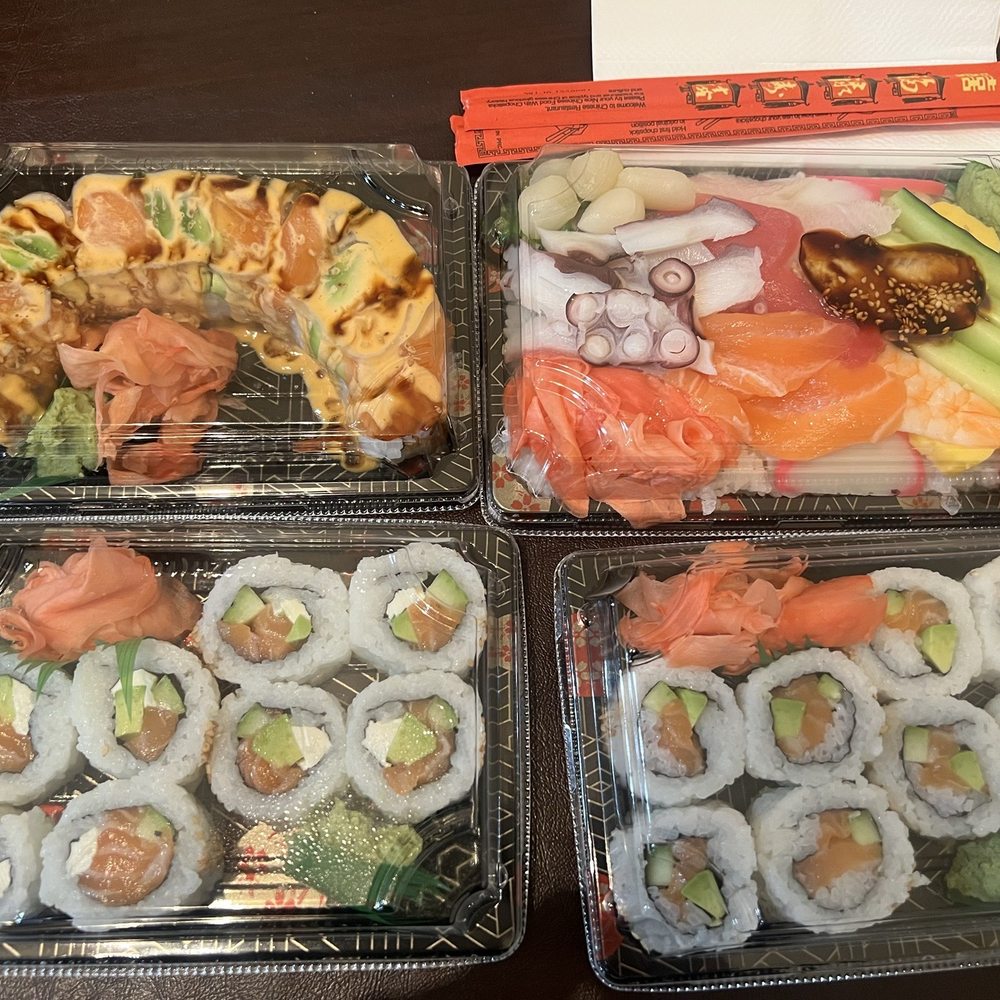 Fleurichi Express Sushi - Top left: star shine roll. Top right: custom chirashi bowl  Bottom left: Philadelphia roll. Bottom right salmon roll - Sushi Bars Near Me - Clovis, California