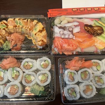 Fleurichi Express Sushi - Top left: star shine roll. Top right: custom chirashi bowl  Bottom left: Philadelphia roll. Bottom right salmon roll - Sushi Bars Near Me - Clovis, California