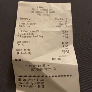 J BBQ - They add on their 18% gratitude which I probably wouldn't have a problem if the food was not stale or had seen the cockroaches. - Barbeque Near Me - Los Angeles, California J BBQ - They add on their 18% gratitude which I probably wouldn't have a problem if the food was not stale or had seen the cockroaches. - Barbeque Near Me - Los Angeles, California