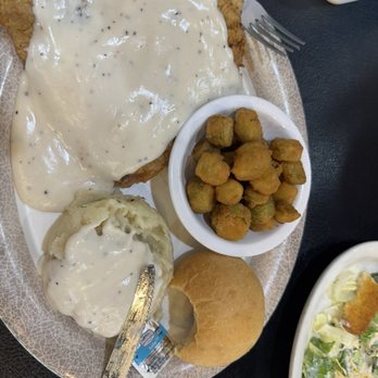Ladonna's Grill - Chicken fried. Steak with mashed potatoes, fried okra and yeast roll. - American Near Me - Meeker, Oklahoma Ladonna's Grill - Chicken fried. Steak with mashed potatoes, fried okra and yeast roll. - American Near Me - Meeker, Oklahoma