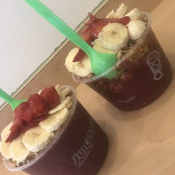 Juice It Up! - Regular Acai Berry bowls prepared by the awesome Nate. One on the left with Almond Milk and the other with strawberry juice plus extra HONEY - Juice Bars & Smoothies Near Me - Newhall, California