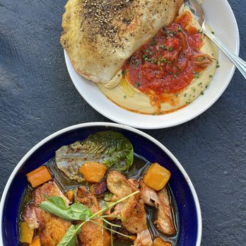 Aba - Heirloom Crispy Chicken Thigh (left), HUMMUS (right) - Mediterranean Near Me - Austin, Texas