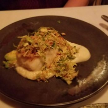 Orto - Cod over Cauliflower puree with salad of shaved Brussels sprouts - a little too saucy for us. - Italian Near Me - Miller Place, New York Orto - Cod over Cauliflower puree with salad of shaved Brussels sprouts - a little too saucy for us. - Italian Near Me - Miller Place, New York