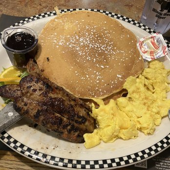 Black Bear Diner Oakley - Clockwise from top: Two Sweet Cream Pancakes, Chicken Sausage Links, and two scrambled eggs - Diners Near Me - Oakley, California Black Bear Diner Oakley - Clockwise from top: Two Sweet Cream Pancakes, Chicken Sausage Links, and two scrambled eggs - Diners Near Me - Oakley, California