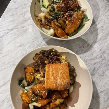 Flower Child - Salmon* Indian Spiced Cauliflower Red Chile Glazed Sweet Potato Teriyaki Shrimp & Avocado - Salad Near Me - Houston, Texas