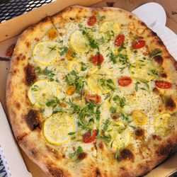 Neighborhood Pizza Guy - Pizza lab from a few weeks ago, heirloom tomatoes, yellow thin sliced squash, panko, micro cilantro, aged mozzeralla, it was awesome!