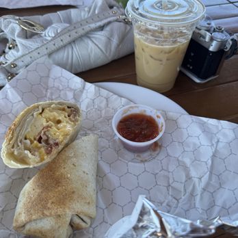 Sip at 5600 - Breakfast Burrito with Salsa and an Iced Vanilla Latte - Sandwiches Near Me - Pine, Arizona Sip at 5600 - Breakfast Burrito with Salsa and an Iced Vanilla Latte - Sandwiches Near Me - Pine, Arizona