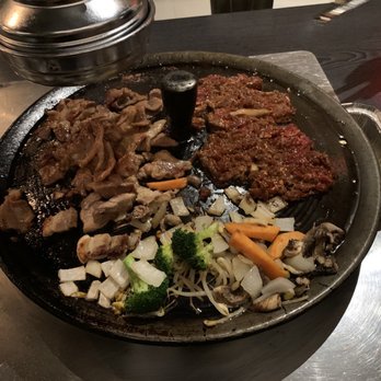 Let's Meat - Pork belly, marinated short rib, spicy something lol (the hanger steak is not in this picture but it's really good, sweet marinated flavor) - Korean Near Me - New York, New York