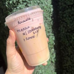 Sweet matcha latte with strawberry foam and one shot Sweet matcha latte with strawberry foam and one shot