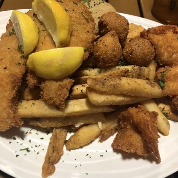 Doc's Seafood & Steaks - Sampler plate of fried fish, shrimp, and crab cake - Seafood Near Me - Corpus Christi, Texas
