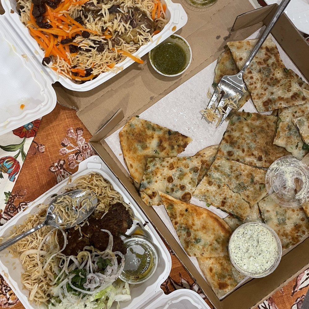 Kabul Kabob & Grill - Clockwise from L: Combo Chicken-Beef Kabob, Qabili Palaw, Bolani Kachalo - Afghan Near Me - Dublin, California Kabul Kabob & Grill - Clockwise from L: Combo Chicken-Beef Kabob, Qabili Palaw, Bolani Kachalo - Afghan Near Me - Dublin, California