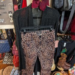 Pennies From Heaven Consignment Boutique - Eileen Fisher cardigan  with leopard jeans