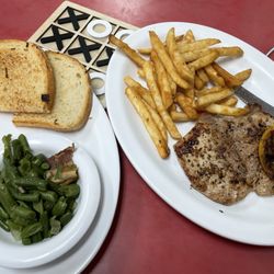 Vicki's Country Diner - Boneless Pork Chop, green beans, fries, sourdough bread.