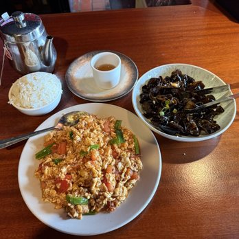 Sichuan Pepper - Tomato with eggs w/ rice and wood Ear mushroom salad  plus hot tea. - Szechuan Near Me - Vernon, Connecticut