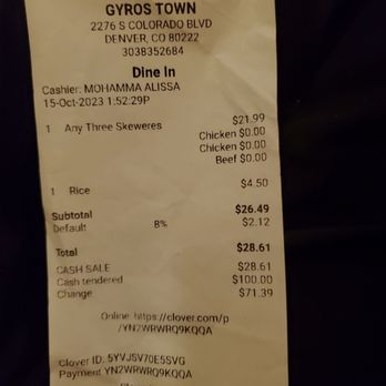 Gyros Town Restaurant - The cost of one meal plus add 1 rice $28.61 THAT'S WAY TOO MUCH! - Mediterranean Near Me - Denver, Colorado Gyros Town Restaurant - The cost of one meal plus add 1 rice $28.61 THAT'S WAY TOO MUCH! - Mediterranean Near Me - Denver, Colorado