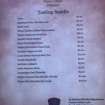 Three Hills Winery - Snacks menu. - Wine Tasting Room Near Me - Ramona, California Three Hills Winery - Snacks menu. - Wine Tasting Room Near Me - Ramona, California