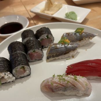 Yellowtail Sushi & Ramen - Scallion maki roll, mackerel nigiri, amberjack nigiri, tuba nigiri - Sushi Bars Near Me - Pearland, Texas Yellowtail Sushi & Ramen - Scallion maki roll, mackerel nigiri, amberjack nigiri, tuba nigiri - Sushi Bars Near Me - Pearland, Texas