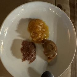Casa da Feijoada - Pre-fix dessert. Dulce de Leche with fruit purees.