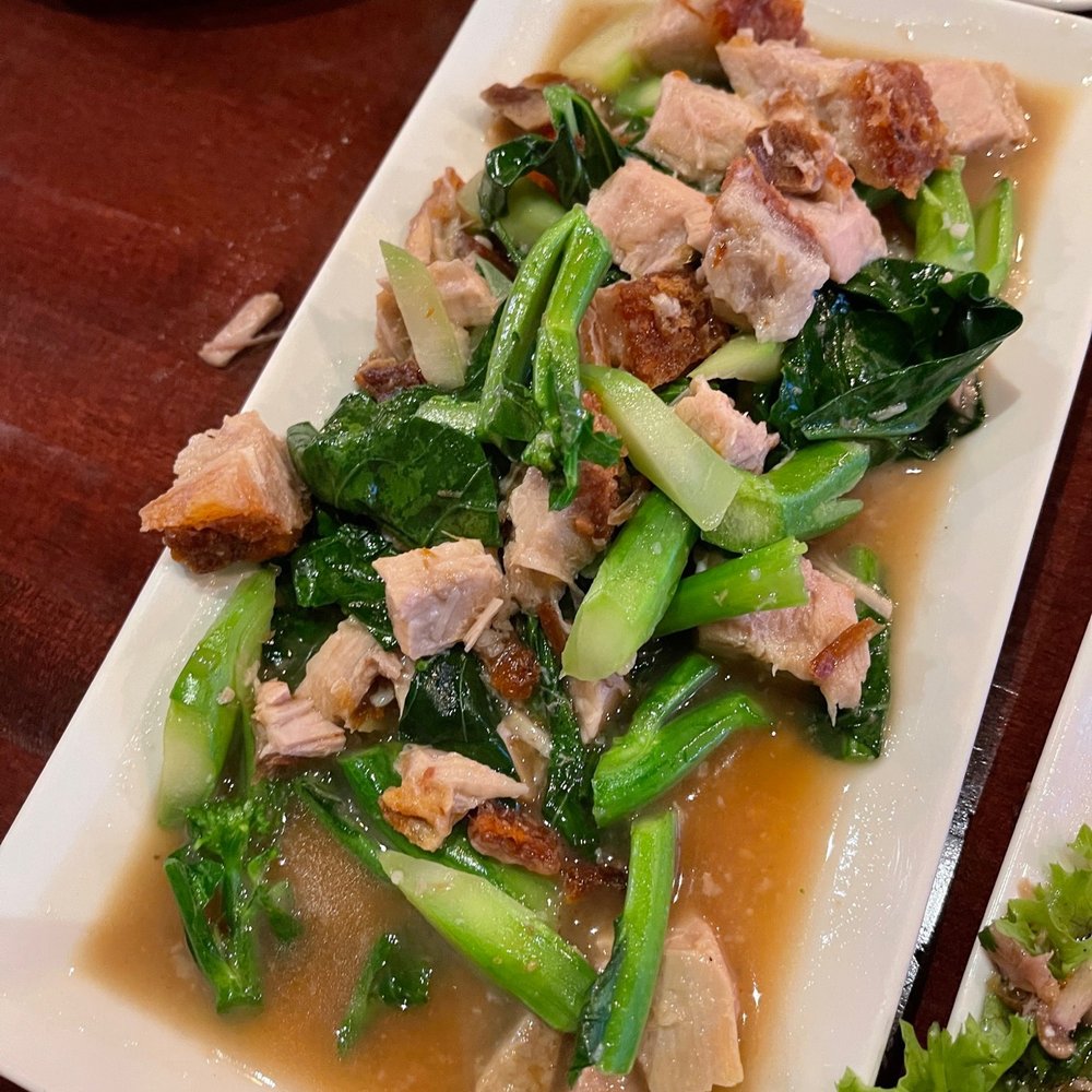 Ros Niyom Thai - Gailan with crispy pork - Thai Near Me - Round Rock, Texas Ros Niyom Thai - Gailan with crispy pork - Thai Near Me - Round Rock, Texas