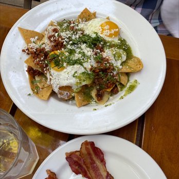 Cafe Bernardo  - Chilaquiles with bacon on side - New American Near Me - Davis, California