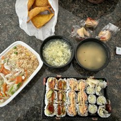 Happy Kitchen & Sushi bar - 3 roll lunch special, chicken chow mein, Crab Rangoon. Both the rolls and chow mein came with a soup. $30