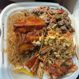 1 meat combo bulgogi. Gamja (potato stewed in chili sauce), sesame soil bean sprouts, kimchi, japchae, and white rice Mom and pop shop FTW 1 meat combo bulgogi. Gamja (potato stewed in chili sauce), sesame soil bean sprouts, kimchi, japchae, and white rice Mom and pop shop FTW