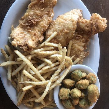 Brick's River Cafe - Hand Breaded Chicken Tenders lunch special with a side of okra - American Near Me - Bandera, Texas Brick's River Cafe - Hand Breaded Chicken Tenders lunch special with a side of okra - American Near Me - Bandera, Texas