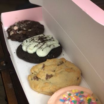 Crumbl - Metro - Pink sugar cookie, Chocolate Chip Cookie, Chocolate cookie with Andes mint frosting, & Rocky road cookie - Bakeries Near Me - Phoenix, Arizona