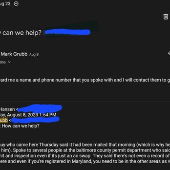 First Response Heating & Cooling - After denying he had to get permit and inspection, he was informed by the permit dept and he said he didn't know. - Heating & Air Conditioning/HVAC Near Me - Forest Hill, Maryland