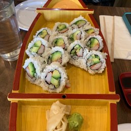 Sushi presentation in boat-style containers (after we'd eaten some). Sushi presentation in boat-style containers (after we'd eaten some).