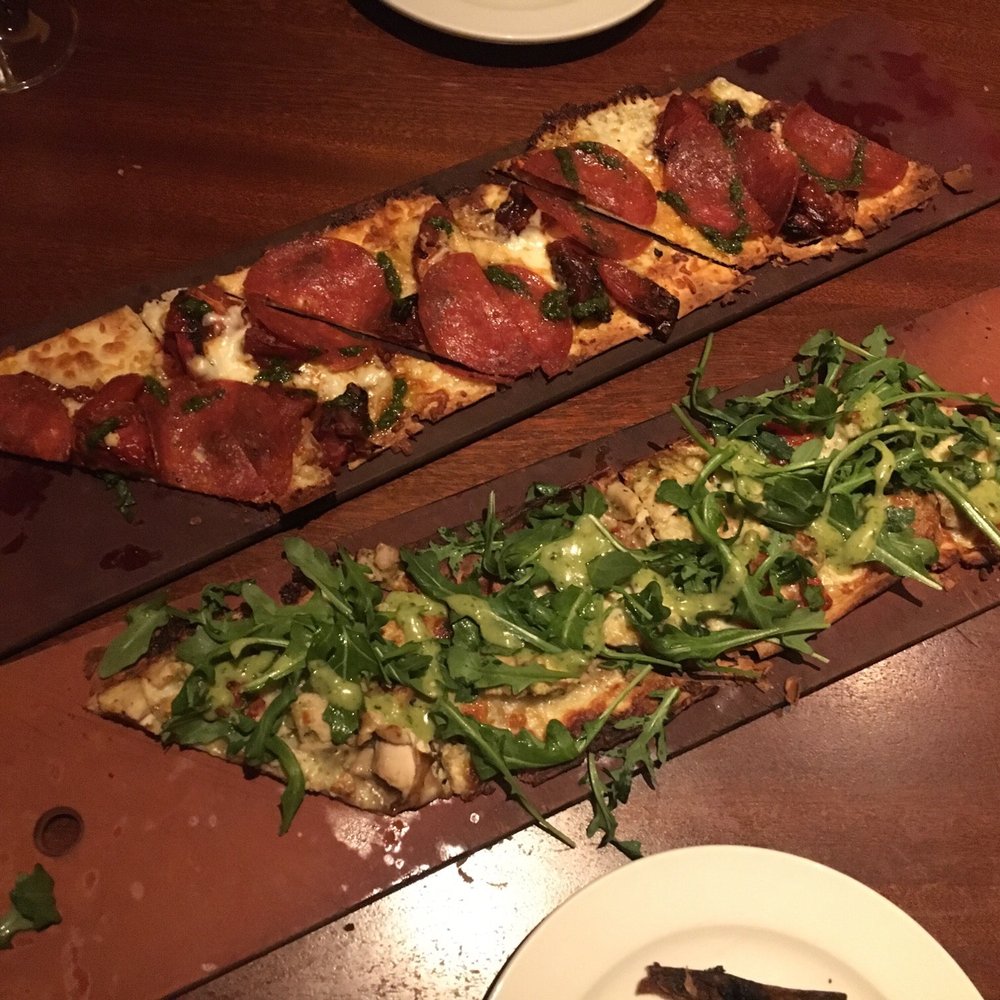 Seasons 52 - Garlic Pesto chicken Flatbread and All-Natural Pepperoni Flatbread - New American Near Me - Houston, Texas Seasons 52 - Garlic Pesto chicken Flatbread and All-Natural Pepperoni Flatbread - New American Near Me - Houston, Texas