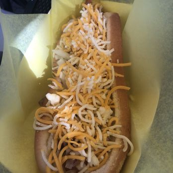 Main Street Footers - The cheese dog with onion and relish and mustard - Hot Dogs Near Me - Turlock, California