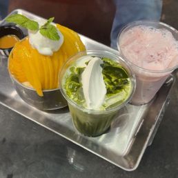Mango ice dessert, Matcha einspanner, Strawberry milk Mango ice dessert, Matcha einspanner, Strawberry milk