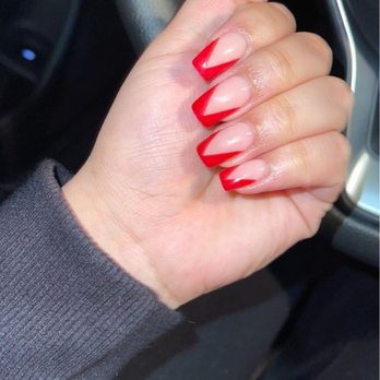 Noble Nails Spa - dip powder #56 with red gel on top v French tip nails - Nail Salons Near Me - Sacramento, California Noble Nails Spa - dip powder #56 with red gel on top v French tip nails - Nail Salons Near Me - Sacramento, California