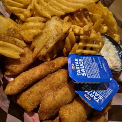 Dockside Lounge - Walleye fingers ($18) and waffle fries ($2 upgrade).