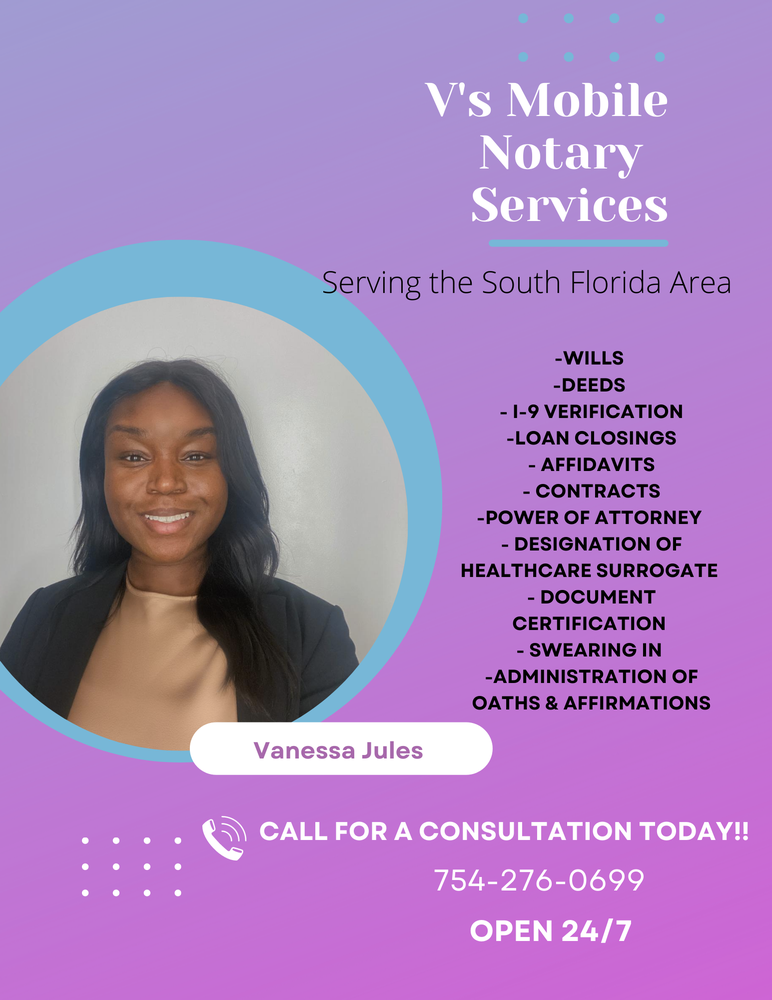 V’S MOBILE NOTARY SERVICES Request a Quote Miami, Florida
