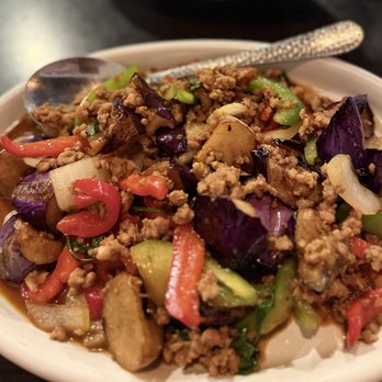 Thai Yaki - Eggplant Basil with ground pork. Basically Krapow with eggplant (and no green beans). Tasty! - Thai Near Me - Santa Clarita, California Thai Yaki - Eggplant Basil with ground pork. Basically Krapow with eggplant (and no green beans). Tasty! - Thai Near Me - Santa Clarita, California