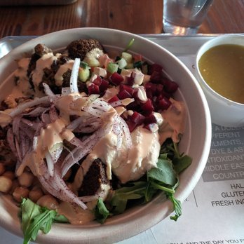 SAJJ Mediterranean - Falafel salad (with practically every add on) and lentil soup! - Mediterranean Near Me - San Mateo, California SAJJ Mediterranean - Falafel salad (with practically every add on) and lentil soup! - Mediterranean Near Me - San Mateo, California