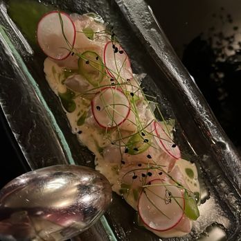 Cino - Kampachi Sashimi. Yuzu ginger vinaigrette, radish and basil oil. Very fresh, very good. - Italian Near Me - Honolulu, Hawaii Cino - Kampachi Sashimi. Yuzu ginger vinaigrette, radish and basil oil. Very fresh, very good. - Italian Near Me - Honolulu, Hawaii