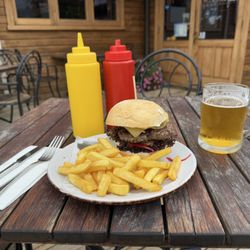 Cook Saddle Cafe & Saloon - Venison burger with fries and local Macs Gold on tap.