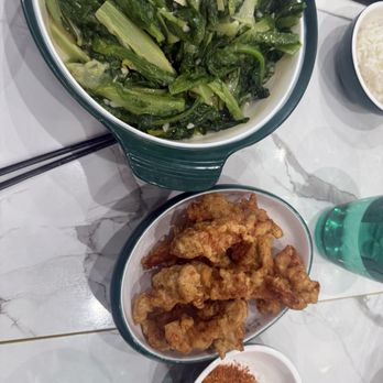 Seven Fish Cuisine - Fried boneless chicken, stir fry Chinese lettuce - Asian Fusion Near Me - San Jose, California