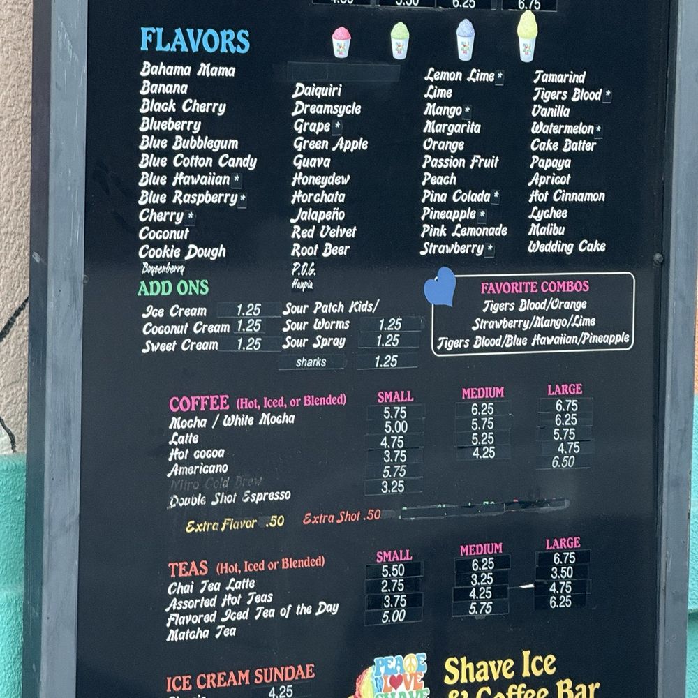 Peace Love Shave Ice - The menu as of 7/11/25 - Shaved Ice Near Me - Manteca, California Peace Love Shave Ice - The menu as of 7/11/25 - Shaved Ice Near Me - Manteca, California