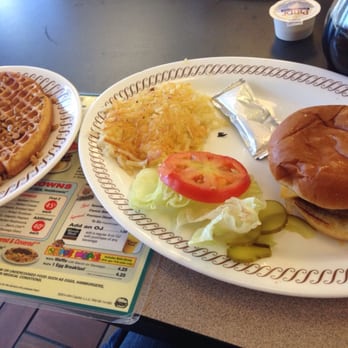 Waffle House - Cheeseburger deluxe with Hashbrowns and a Peanut Butter Waffle - Breakfast & Brunch Near Me - Columbus, Georgia
