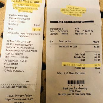 The Vegas Store - Two receipts from the same transaction with different store names, addresses, phone numbers and amounts! - Souvenir Shops Near Me - Las Vegas, Nevada The Vegas Store - Two receipts from the same transaction with different store names, addresses, phone numbers and amounts! - Souvenir Shops Near Me - Las Vegas, Nevada