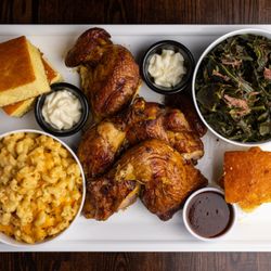 Bludso's BBQ - Family Meal. Low and slow whole smoked chicken, 2 pint sides, and 4 pcs of cornbread