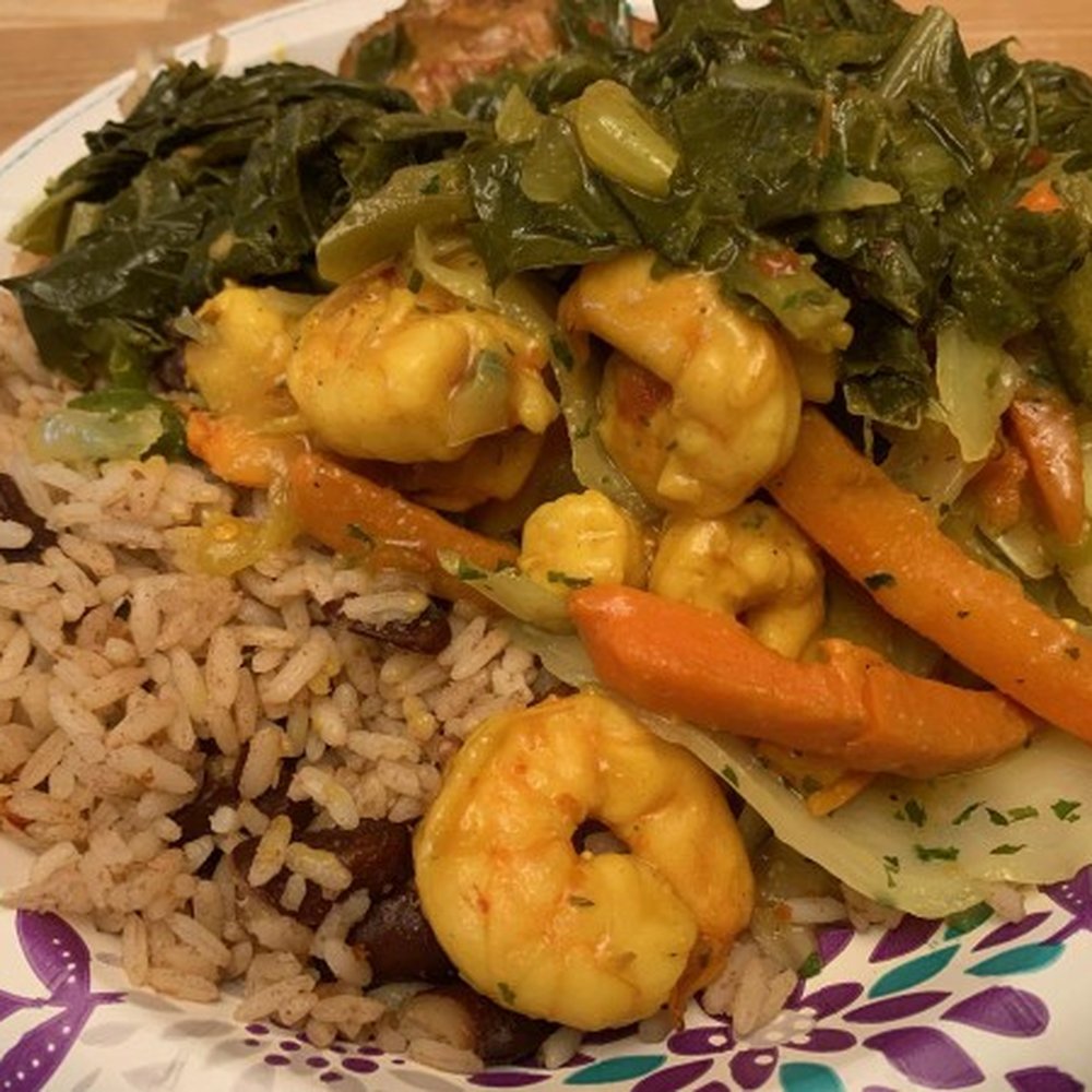 Caribbean Delight - Curry shrimp, rice and peas, cabbage, collards and plantains. - Caribbean Near Me - Moncks Corner, South Carolina