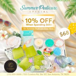 Summer Pedicure Special
Take care of your feet with our refreshing summer pedicure Aloe Vera
Enjoy 10% off when you spend $65 or m