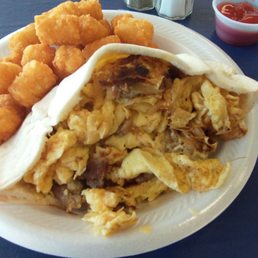 Philly cheese steak & egg pita.  Combo includes tots and drink.